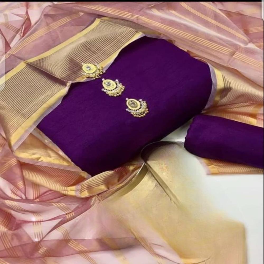 Purple Katan Silk 3-Piece Suit with Peach Organza Dupatta - Image 3
