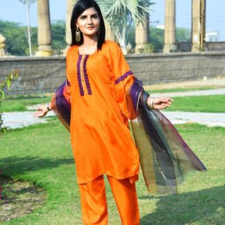 Premium Quality Katan Silk 3-Piece Suit Orange