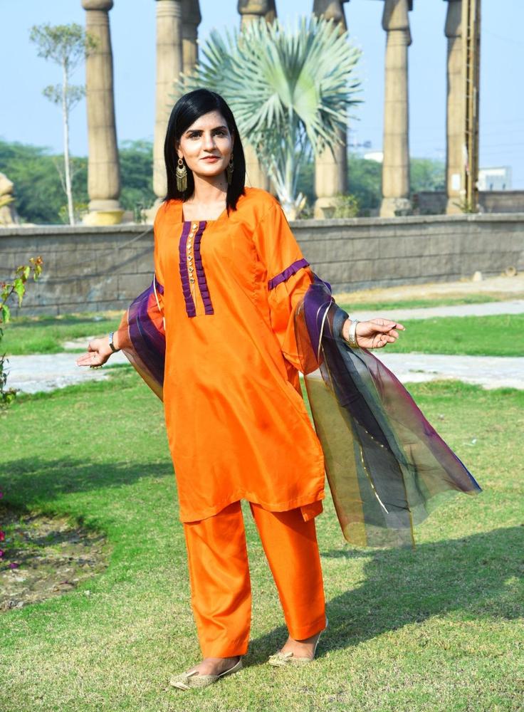 Premium Quality Katan Silk 3-Piece Suit Orange