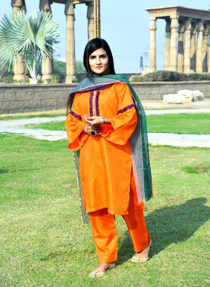 Premium Quality Katan Silk 3-Piece Suit Orange - Image 3