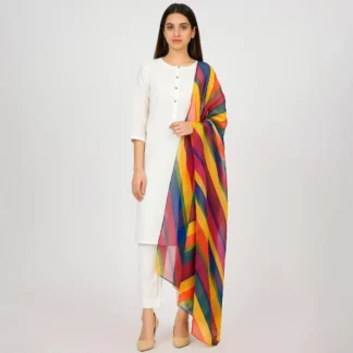 White Katan Silk 3-Piece Suit with Vibrant Organza Dupatta