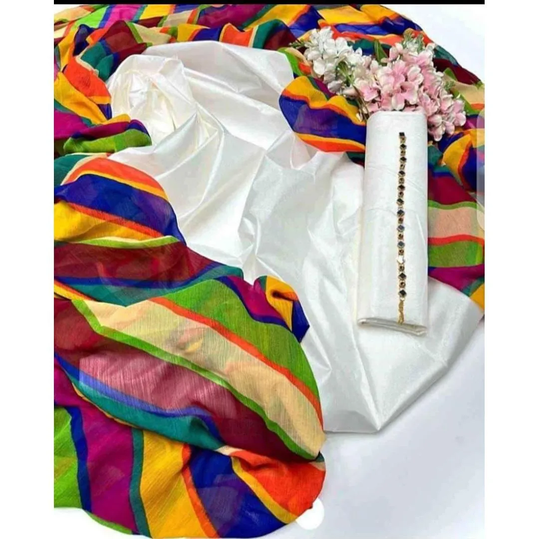 White Katan Silk 3-Piece Suit with Vibrant Organza Dupatta - Image 2