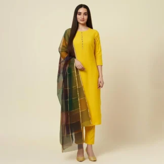 Yellow 3-Piece Katan Silk Suit with Printed Organza Dupatta