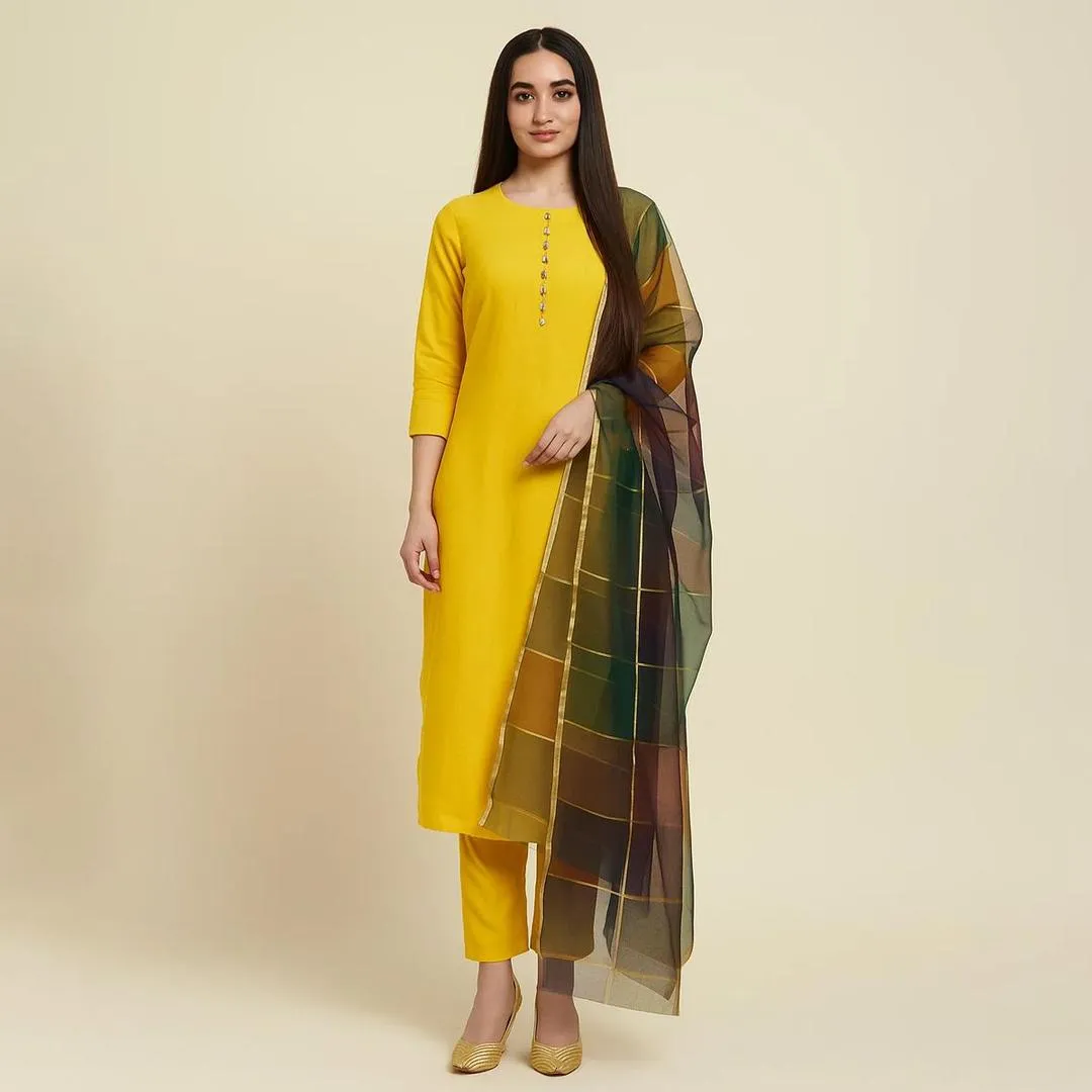 Yellow 3-Piece Katan Silk Suit with Printed Organza Dupatta - Image 2