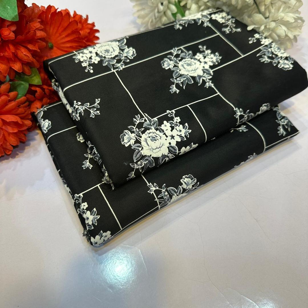 Black Floral Print Women's Cotton Suit 2-Piece