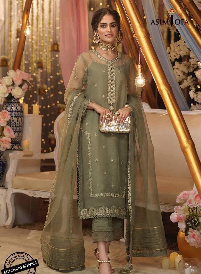 Organza Suit Green Embroidered for Weddings Party Shaadi