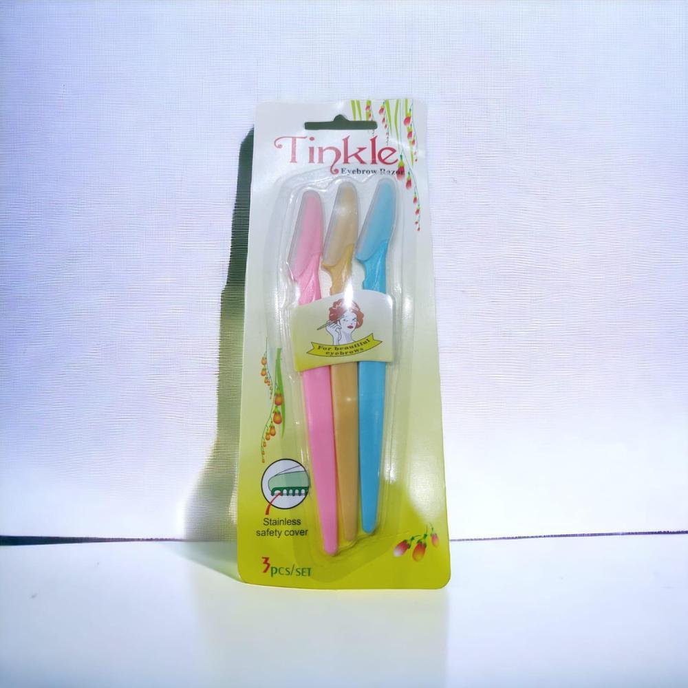 Stainless Steel Eyebrow Razors 3 Pcs Pink Beige Blue - Image 2