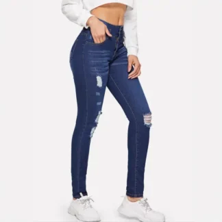 Women Ripped Dark Blue Jeans MZCHYHA822