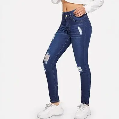 Women Ripped Dark Blue Jeans MZCHYHA822 - Image 4