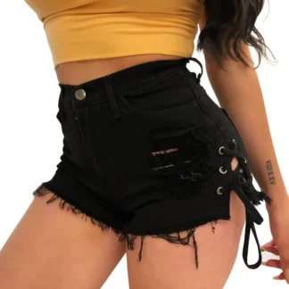 Black Ripped Denim Shorts for Women with Lace-Up Side