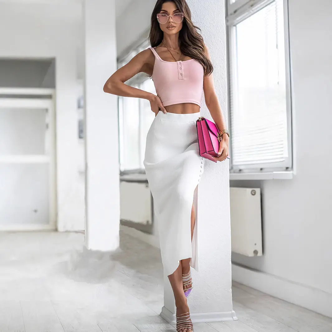 Women's Elegant Ribbed Slit Skirt Summer White - Image 3