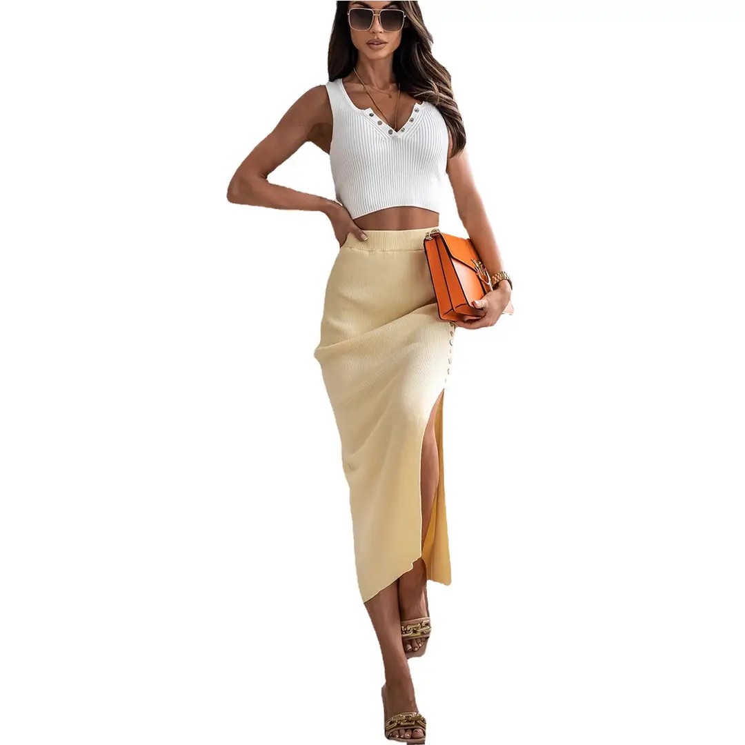 Women's Elegant Ribbed Slit Skirt Summer White - Image 5