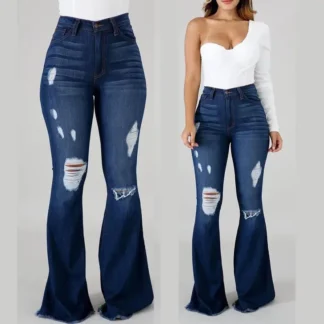 Women High Waist Ripped Flared Jeans Dark Blue Stretch