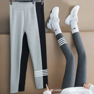 Women Gray Brushed Fleece Leggings Winter Slimming Striped
