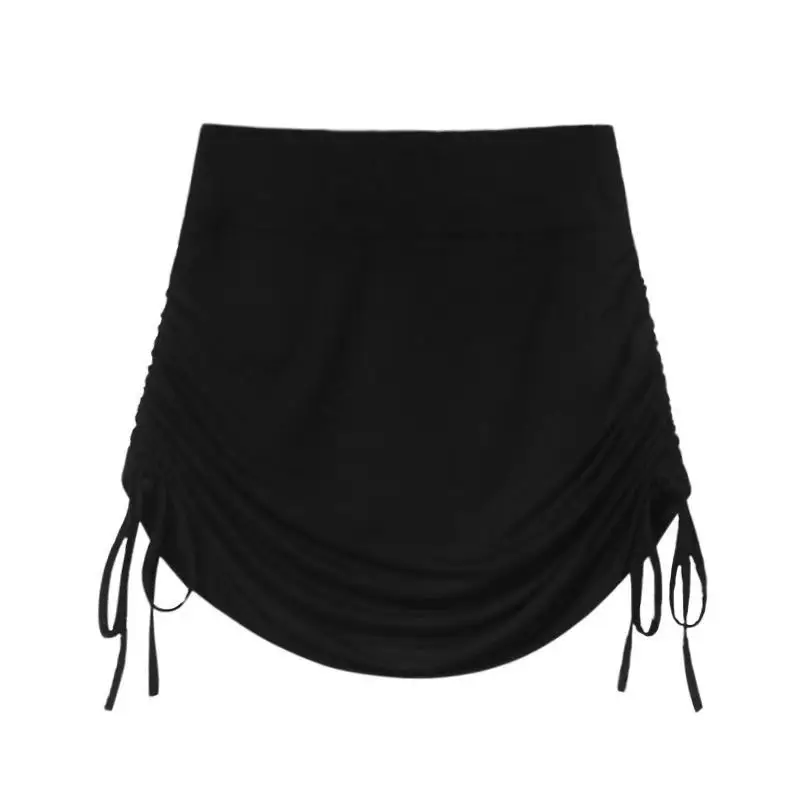 Women High Waist Pleated Drawstring Skirt Dark Gray Summer - Image 5