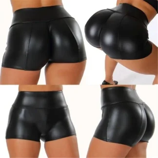 Women High Waist Leather Shorts Black XL
