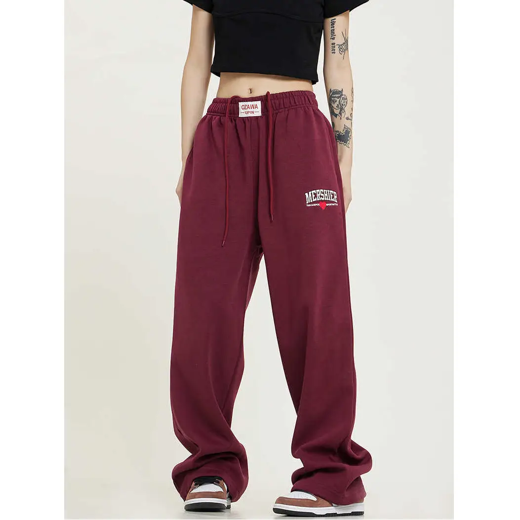 Women Maroon Loose Fit Sweatpants Autumn New Trendy