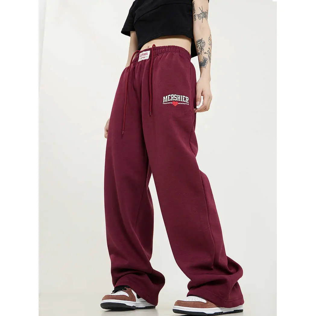 Women Maroon Loose Fit Sweatpants Autumn New Trendy - Image 2