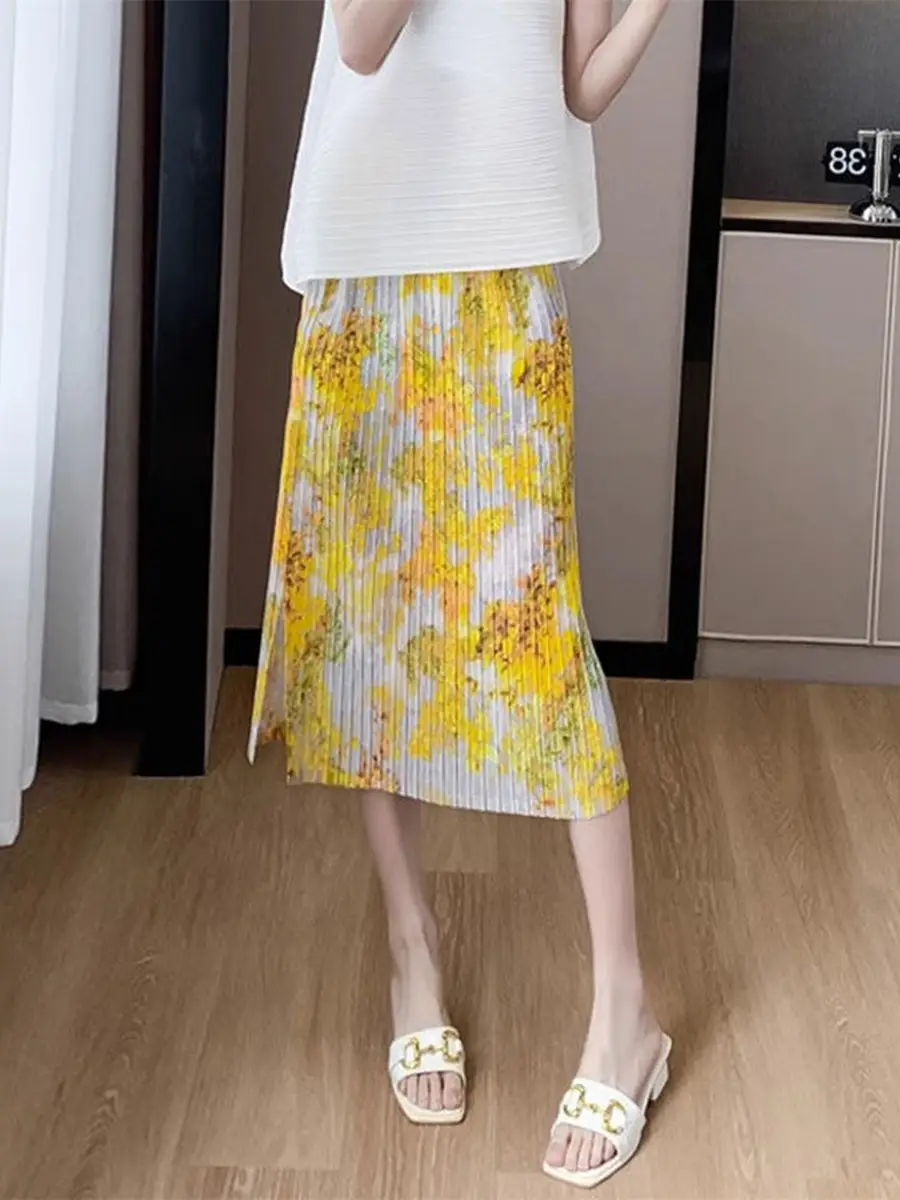 Women Pleated Summer Skirt Slim Fit High Waist Mid Length - Image 2