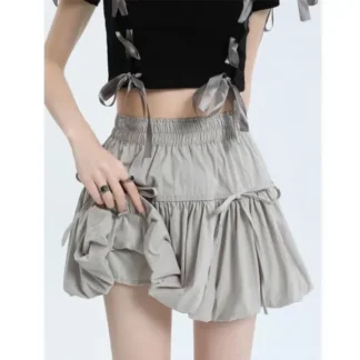 Grey Pleated Tutu Skirt Women Summer High Waist Anti-Walking
