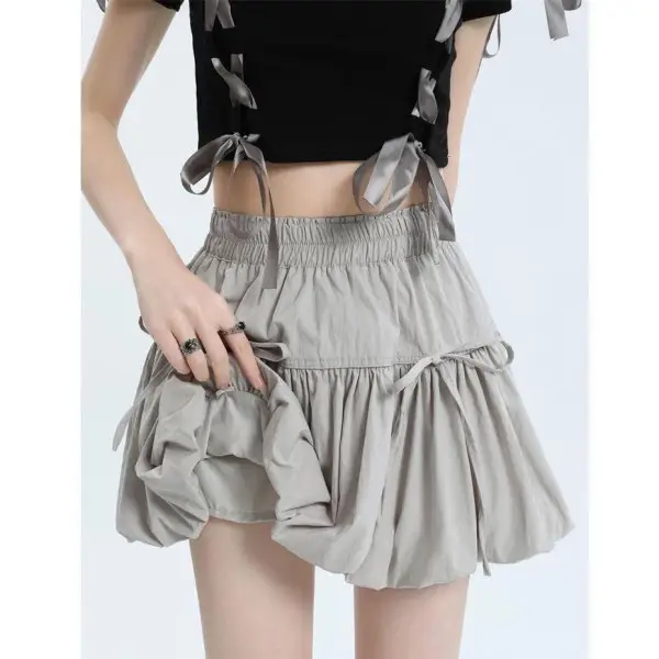 Grey Pleated Tutu Skirt Women Summer High Waist Anti-Walking