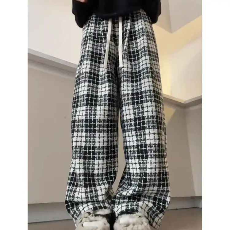 Women Plaid Wide-Leg Pants Autumn Black Casual - Image 2
