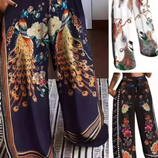 Women Wide-Leg Printed Pants XL Black Plus Size Casual