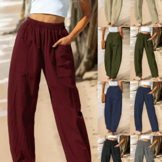 Women Cotton Linen Casual Pants Black Winter New Collection