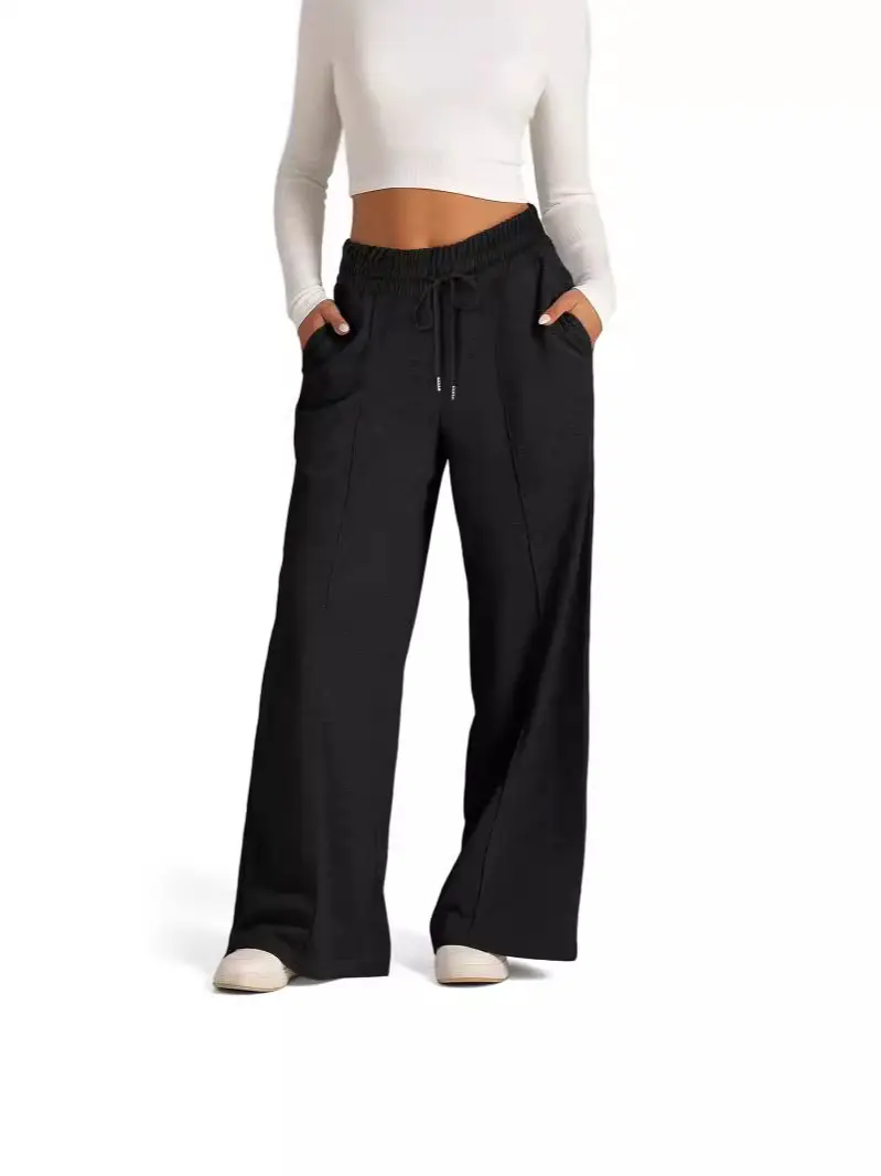 Women Lace-Up Wide-Leg Casual Pants Black Winter - Image 4