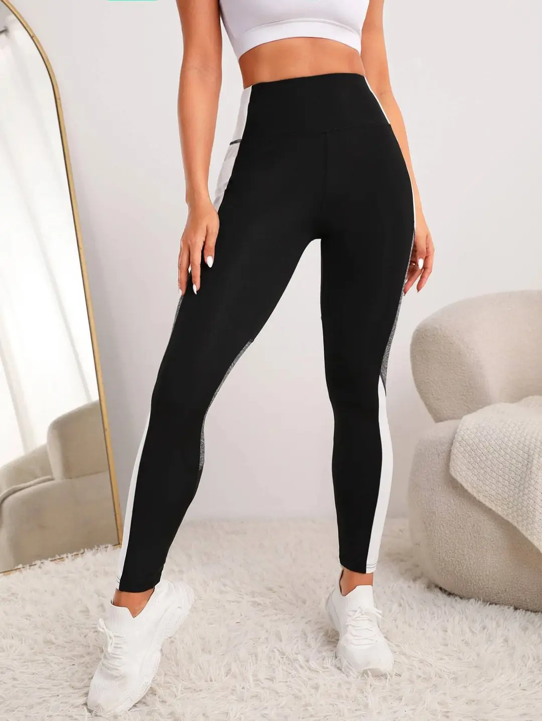 Women High Waist Stitched Yoga Pants Black White - Image 2