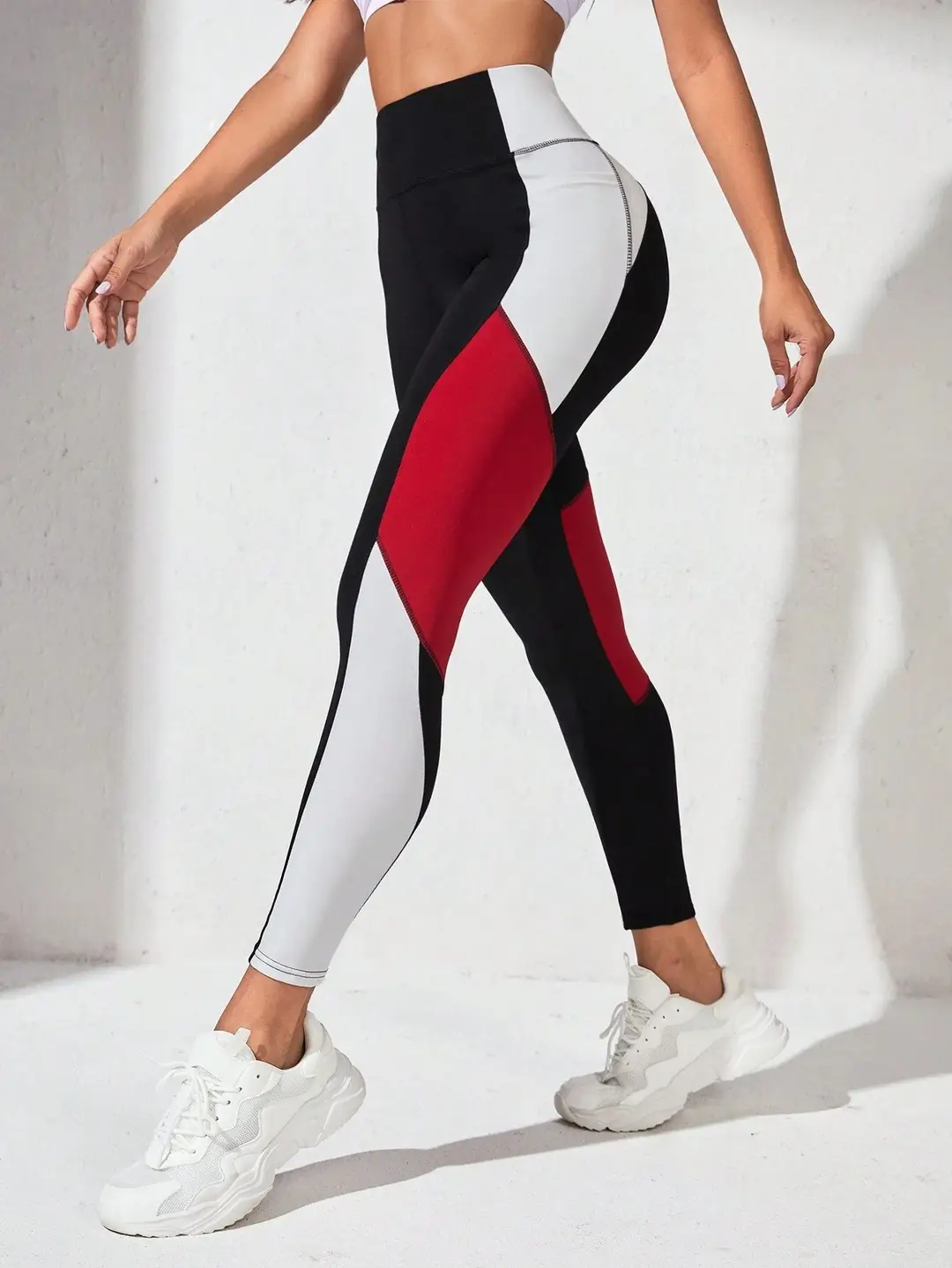 Women High Waist Stitched Yoga Pants Black White - Image 4