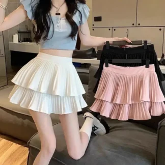 Women Ruffled Double Layer Puffy Skirt Summer Korean Style Pu Material