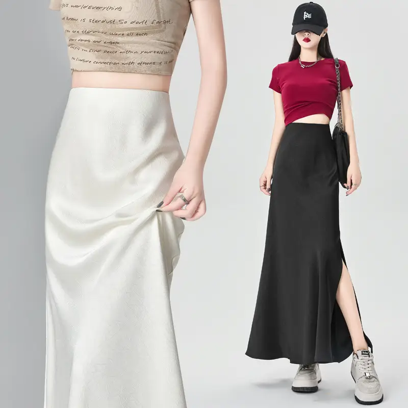 Women Acetate Satin Side Slit Skirt Summer Fishtail A-Line - Image 2