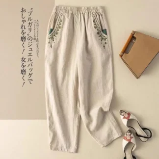 Women Vintage Embroidered Loose Pants White Summer Casual