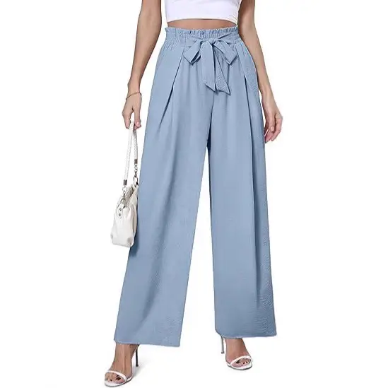 Women Summer Wide-Leg High-Waisted Blue Pants - Image 2