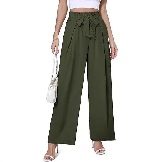 Women Summer Wide-Leg High-Waisted Blue Pants - Image 3