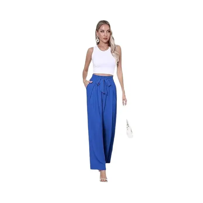Women Summer Wide-Leg High-Waisted Blue Pants - Image 5