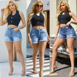 Women Denim Shorts Dark Blue Stretch Tassel Hole Washed