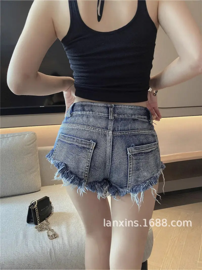 Women Denim Shorts with Rivets Low Waist Blue Punk Style - Image 4