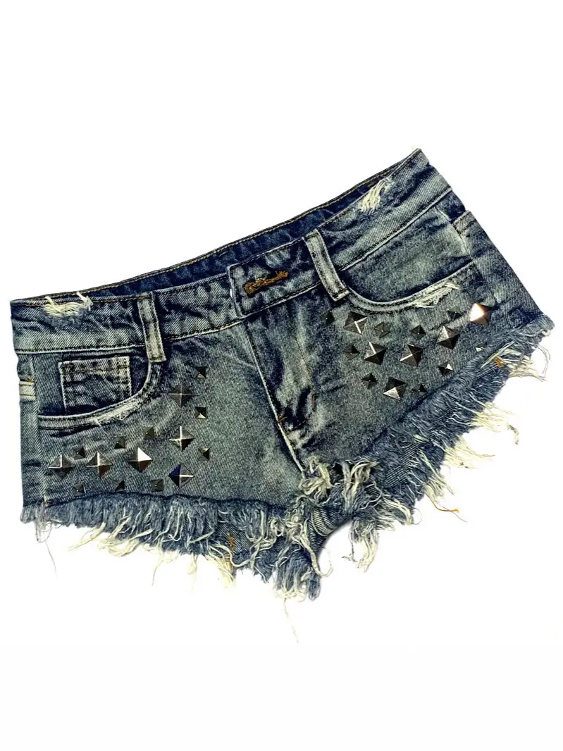 Women Denim Shorts with Rivets Low Waist Blue Punk Style - Image 5
