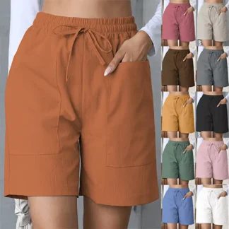 Women Linen Shorts Plus Size Solid Color High Waist Casual Summer