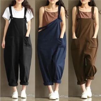 Women Loose Summer Overalls Plus Size Black Brown Navy