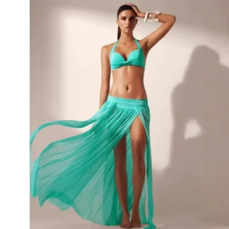 Turquoise Mesh Beach Skirt Set for Women