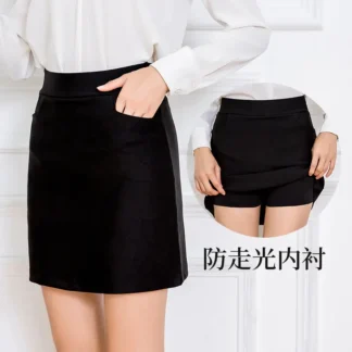 Women Black High Waist Anti-Slip Skirt with Pocket