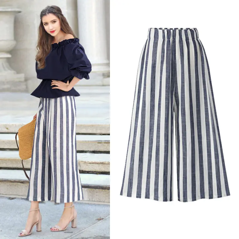 Women Linen Striped Wide-leg Pants Plus Size High Waist Summer - Image 2
