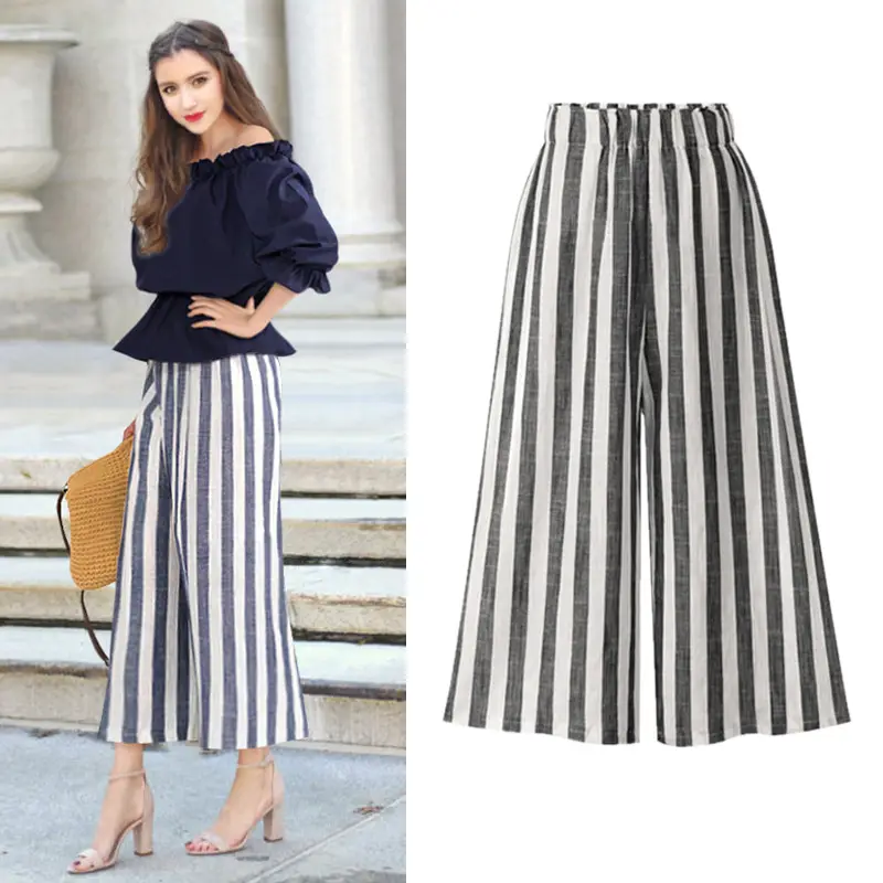 Women Linen Striped Wide-leg Pants Plus Size High Waist Summer - Image 4