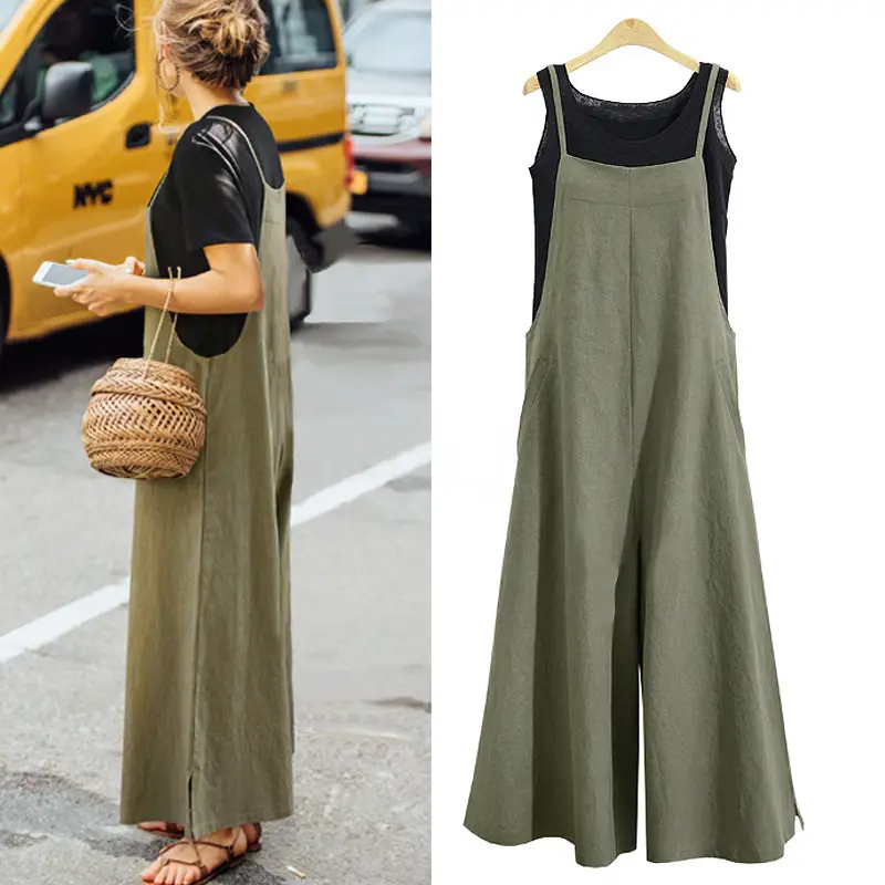 Linen Wide Leg Suspender Pants Women Summer Casual Dress - Image 2