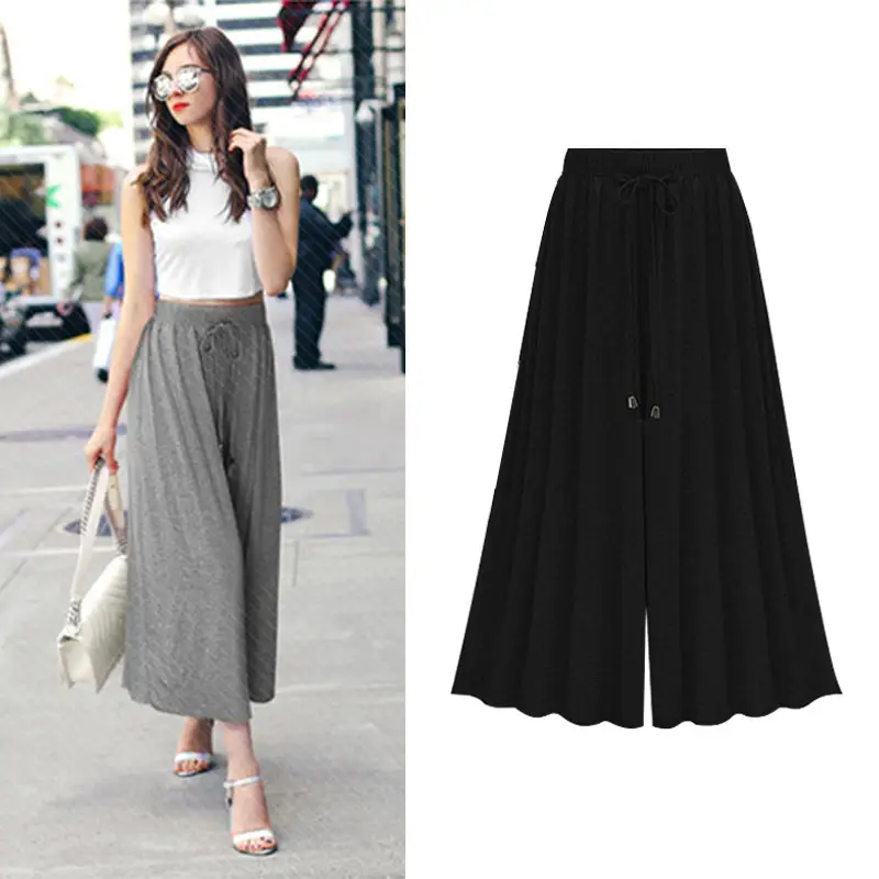 Women Summer Wide Leg Pants Plus Size Black Grey Navy Loose Fit - Image 2