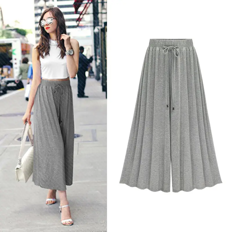 Women Summer Wide Leg Pants Plus Size Black Grey Navy Loose Fit - Image 3