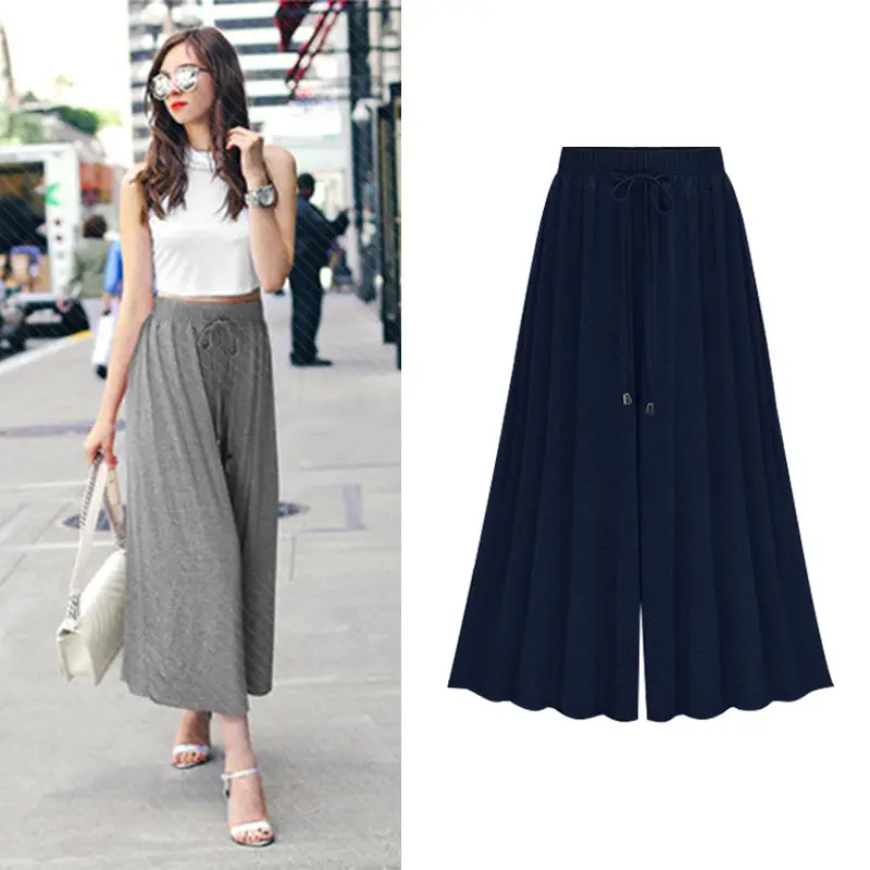 Women Summer Wide Leg Pants Plus Size Black Grey Navy Loose Fit - Image 4